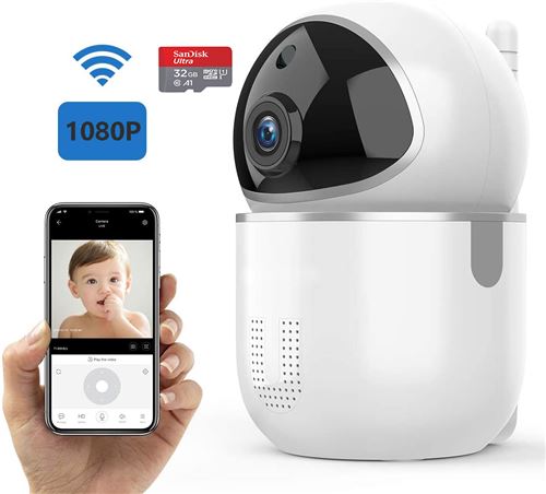 Baby 1080P Camera Dome Monitor Caméra de sécurité sans fil WiFi intérieure Sécurité à domicile, détection de mouvement, audio bidirectionnel, vision nocturne PTZ / inclinaison, compatible avec iOS, Android--White