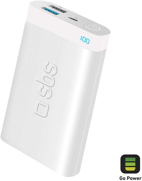 SBS Power Bank Batterie Externe avec 2 Ports USB et Sortie 2,1 A Blanc 8 000 mAh
