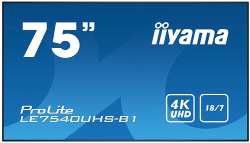 iiyama LE7540UHS-B1 75 LED 4K Ultra HD Noir affichage de messages - Affichages de messages (190,5 cm (75), LED, 3840 x 2160 pixels, 410 cd/m², 4K Ultra HD, 8 ms)