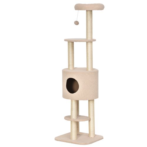 Arbre à Chats avec Griffoir Niche Poteaux Peluche Haute Densité 45L x 40L x 148H cm Beige