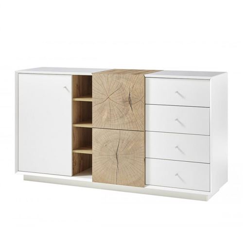 Buffet haut MARKUS 152 cm laqué blanc mat et décor chêne 2 portes 4 tiroirs 4 niches