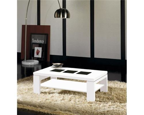 Table basse blanc brillant et verre noir contemporaine EMELIA - Noir - L 110 x P 60 x H 36,5 cm
