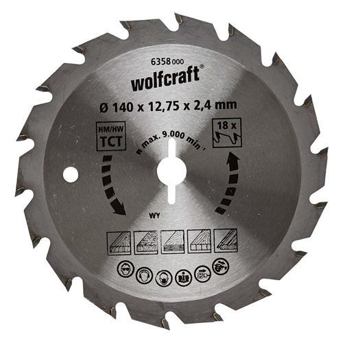 Wolfcraft 6358000 1 Lame de Scies Circulaires Ø 140 Mm, Ct, Alésage Ø 12,75 Mm, Dents Alternées, 18 Dents