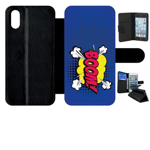 Etui My-Kase pour iPhone X - boom fond bleu lectrique - Simili-cuir Noir