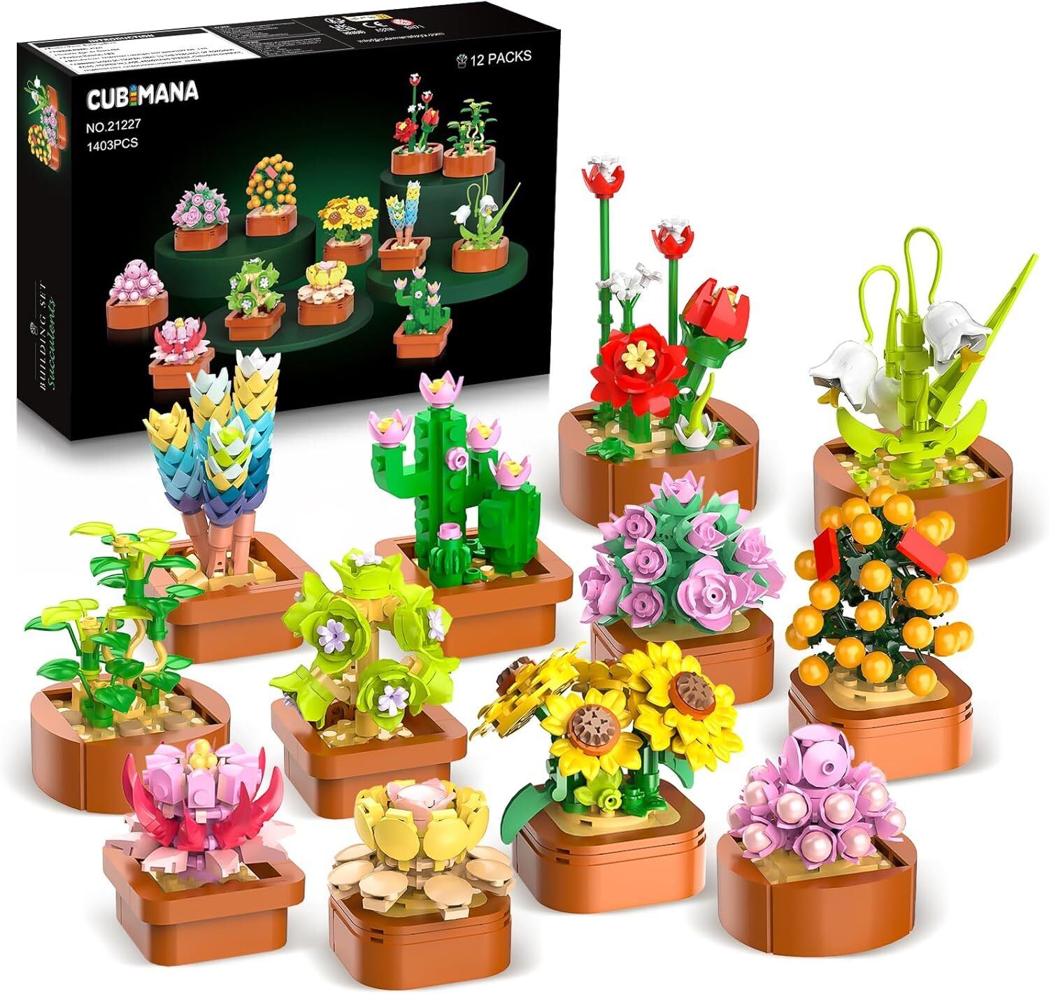 Ensemble de Construction de Fleurs Succulentes 12 Pack - 1403 Pièces, Collection Botanique Décoration d'Intérieur Cadeaux Adultes et Enfants 10+
