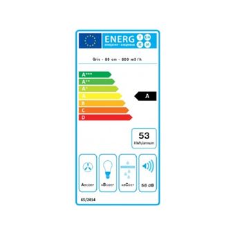 Hotte murale FALMEC VERSO1440, 85cm, commandes tactiles , finition Grise, moteur 4 vitesses, Debit boost = 750m3/h, Puissance acoustique max = 58dB. Eclairage LED. Classe energetique : A