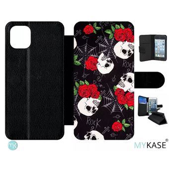 Etui My-Kase pour iPhone 11 Pro Max - tete de mort toile rose rock - Simili-cuir - Noir - 1