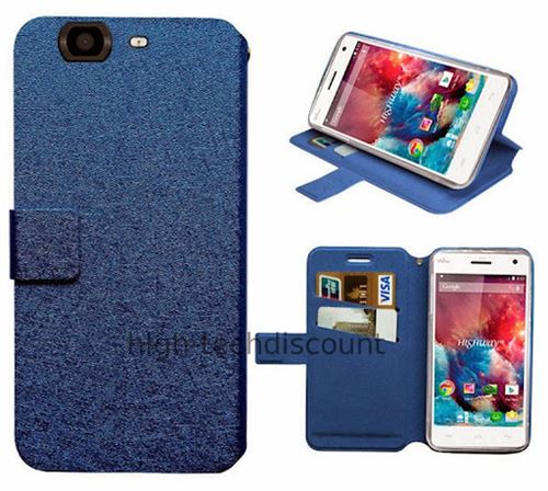 Housse etui coque pochette portefeuille pour Wiko Highway + film ecran - BLEU - htdmobiles