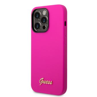 Guess coque en silicone pour iPhone 14 Pro Max - Metal logo - Fuchsia