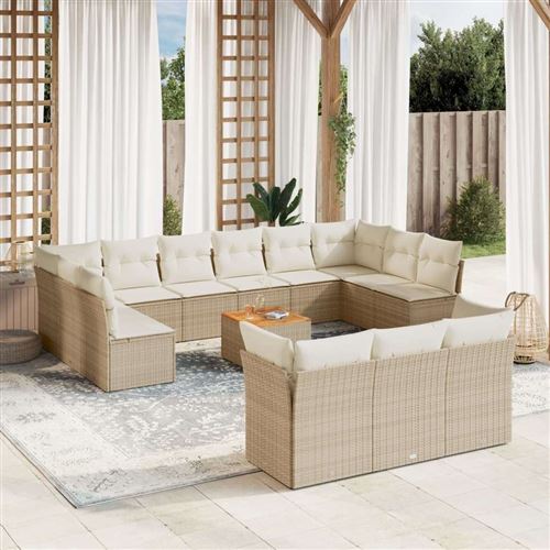  Vidaxl Salon De Jardin Avec Coussins 14 Pcs Beige R&eacute;sine Tress&eacute;e