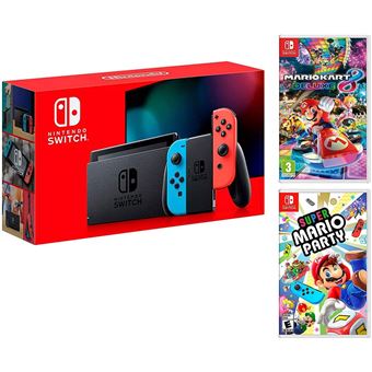 Pack Console Nintendo Switch Rouge/Bleu Néon 32Go [Nouveau modèle V2] - Manette JoyCon + Support - jeu Super Mario Party et Mario Kart 8 Deluxe