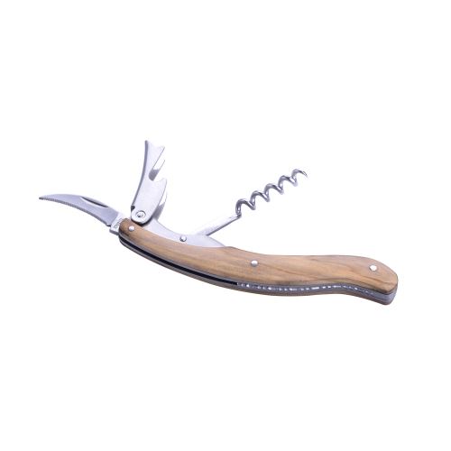 Sommelier à Levier Simple - Manche en Bois d'Olivier - Acier Inoxydable Satiné - Couteau aux fonctions de tire-bouchon, découpe capsule & décapsuleur - Confort d'utilisation - Coffret cadeau