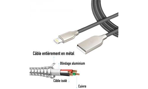 Câble en métal robuste pour iPhone coloris noir