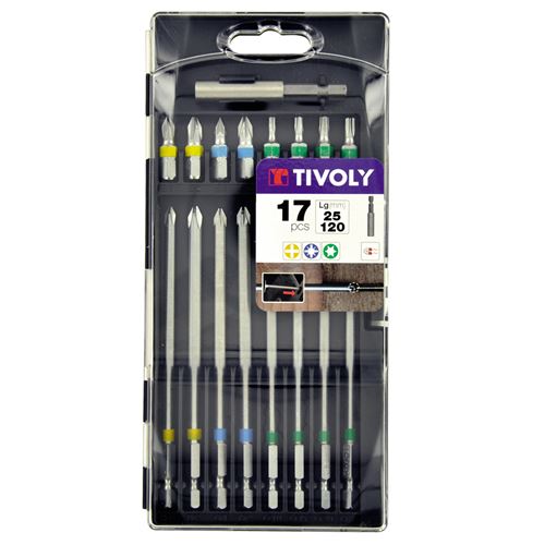Coffret de 17 embouts de vissage TIVOLY extra longs pour accès difficiles 25 et 120 mm Embouts 25 mm classiques et 120mm