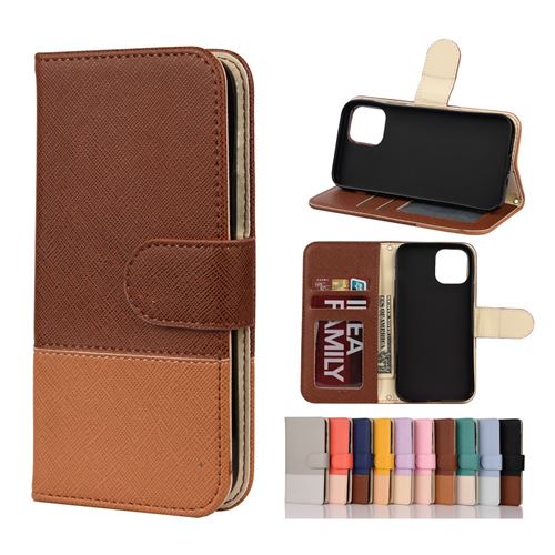 Etui en PU texture croisée d'épissage de couleur avec support marron pour votre Apple iPhone 12 Pro Max 6.7 pouces