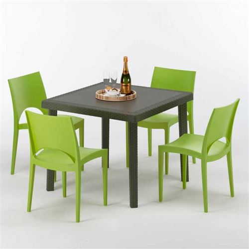 Grand Soleil - Table carrée et 4 chaises colorées Poly-rotin résine 90x90 marron, Chaises Modèle: Paris Vert