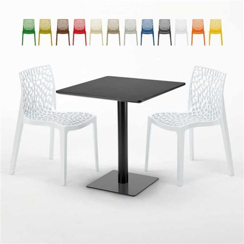 Table carrée noire 70x70 avec 2 chaises colorées Gruvyer Kiwi, Couleur: Blanc