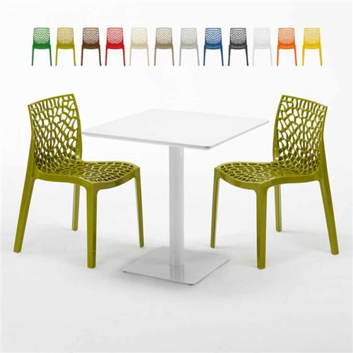Table carrée 70x70 blanche avec 2 chaises colorées Gruvyer Meringue, Couleur: Anis vert
