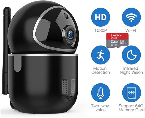 Baby 1080P Camera ALlBiz Dome Monitor Caméra de sécurité sans fil WiFi intérieure Sécurité à domicile, détection de mouvement, audio bidirectionnel, vision nocturne PTZ / inclinaison, compatible avec iOS, Android-Noir