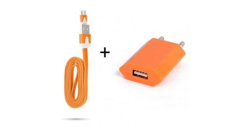Cable Noodle 1m Chargeur + Prise Secteur pour WIKO TOMMY Smartphone Micro-USB Murale Pack Universel Android (ORANGE)