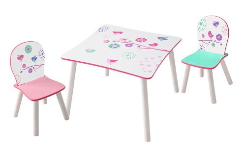 Ensemble table et 2 chaises enfants en bois coloris blanc motif fleurs -PEGANE-