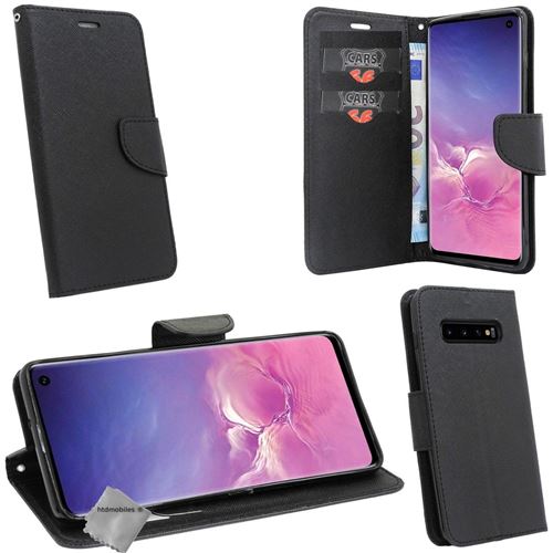 Housse etui coque pochette portefeuille pour Samsung Galaxy S10+ Plus avec verre trempe - NOIR / NOIR