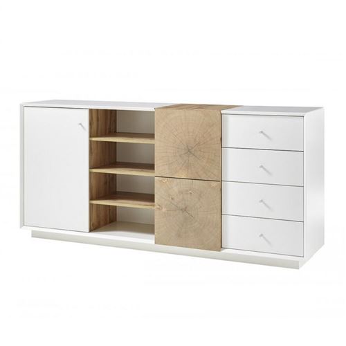 Buffet haut MARKUS 179 cm laqué blanc mat et décor chêne 2 portes 4 tiroirs 4 niches