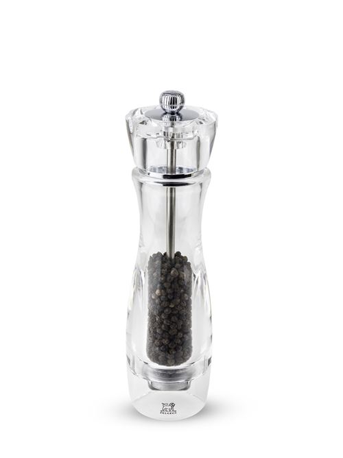 The Vittel 23 cm manual pepper mill has a pure and slender profile. Chrome accents enhance the transparency of the mill. Vittel