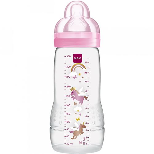 Mam biberon deuxième age décoloré, 330 ml, à partir de 6 mois, tétine débit x, rose