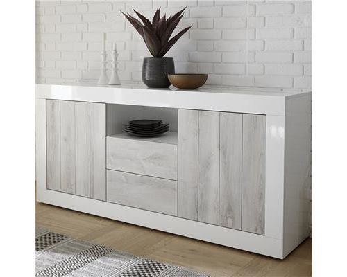 Buffet moderne 180 cm couleur pin et blanc laqué SERENA 3 - Blanc - L 180 x P 42 x H 86 cm