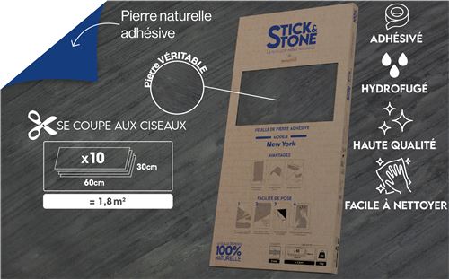 Feuille de pierre 100% VÉRITABLE adhésive, fine et souple Stick&Stone by StoneLeaf - Boîte de 10 feuilles 30x60 cm - Modèle New York