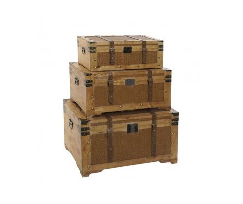 Set de 3 Malles de Rangement Bois et Toile Marron
