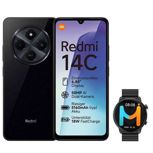 Smartphone Xiaomi Redmi 14C 256 Go Noir + Smart Watch Montre Connectée