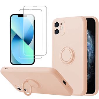 Coque Silicone Pour IPhone 12 Couleur Rose Avec Anneau Support Verre Trempe Protection Ecran Little Boutik