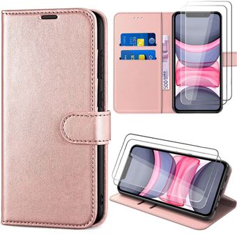 Coque + 2 Verres Trempés pour iPhone 11, Protection Effet Cuir Antichoc Elégant - Rose - BOOLING - 1