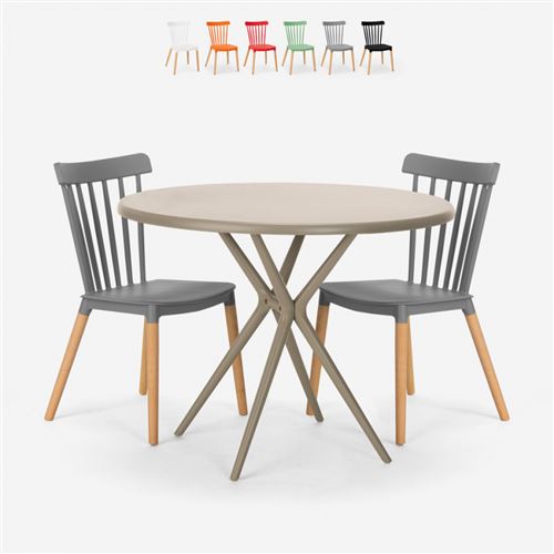 Table design ronde beige 80 cm + 2 chaises design Eskil