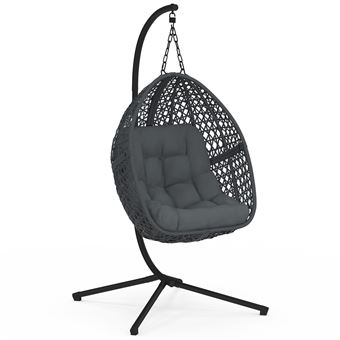 Fauteuil lune suspendu ajouré effet rotin avec coussin gris - 1