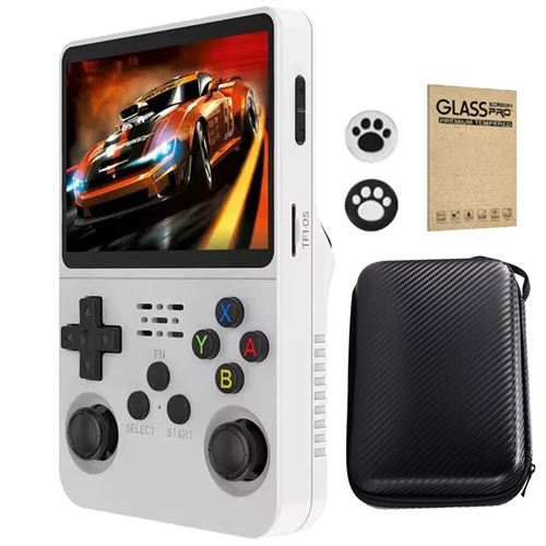 SZSMART VURAHOME Console portable r&eacute;tro R36S 3,5"" IPS 64 Go syst&egrave;me ouvert 28+ &eacute;mulateurs - Blanc