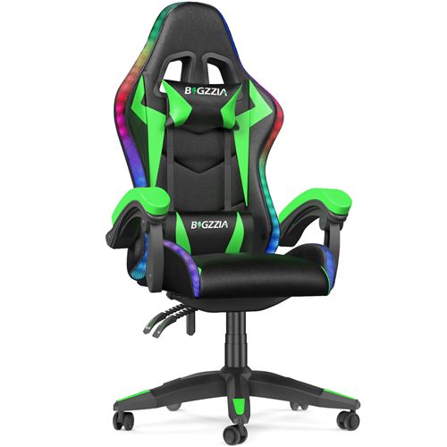Chaise gaming avec éclairage LED Effets BIGZZIA, avec Lombaire et Appui-Tête Appui, Dossier Hauteur Réglable, Vert