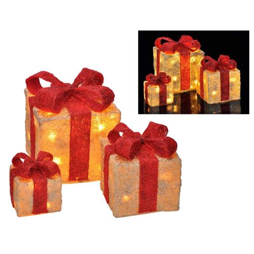 HI Boîte-cadeau de Noël éclairé à LED avec rubans rouges 3 pcs
