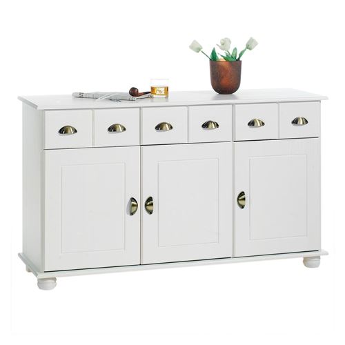 Buffet COLMAR commode bahut vaisselier meuble bas rangement avec 3 tiroirs et 3 portes, en pin massif lasuré blanc