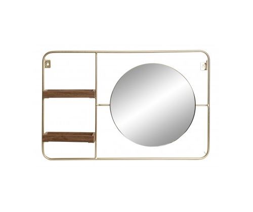 Étagère Murale Métal Doré et Bois avec Miroir Rond Intégré