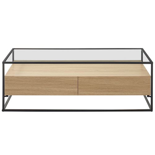 Miliboo Table basse rectangulaire 2 tiroirs verre trempé, bois clair finition chêne et métal noir FINN
