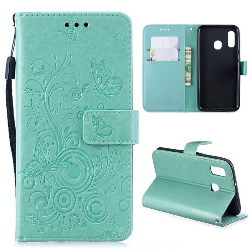 Etui en PU fleur de papillon cyan pour votre Samsung Galaxy A20e