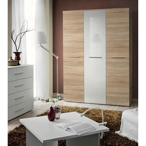 Paris Prix - Armoire 3 Portes big 190cm Chêne & Porte Blanche