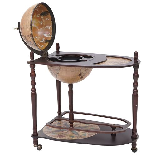 Globe terrestre, bar de salon MENDLER HWC-T875, minibar roulant, bois d'eucalyptus