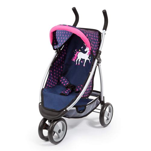 Bayer Design 39954AA Poussette Poupée Jogger, Landau pour poupée, avec ceinture de sécurité, réglable, avec jolie licorne, bleu rose