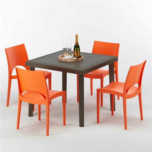Grand Soleil - Table carrée et 4 chaises colorées Poly-rotin résine 90x90 marron, Chaises Modèle: Paris orange