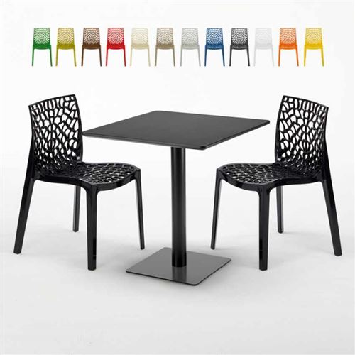 Table carrée noire 70x70 avec 2 chaises colorées Gruvyer Kiwi, Couleur: Noir