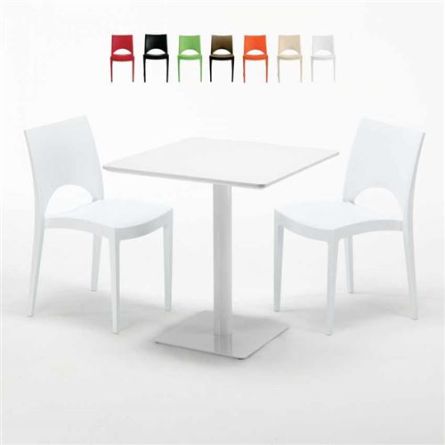 Table carrée 70x70 blanche avec 2 chaises colorées Paris Meringue, Couleur: Blanc